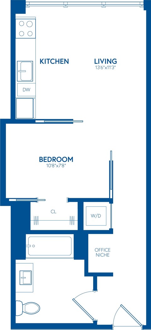 Floor plan for 1 bed, 1 bath, 524 sqft